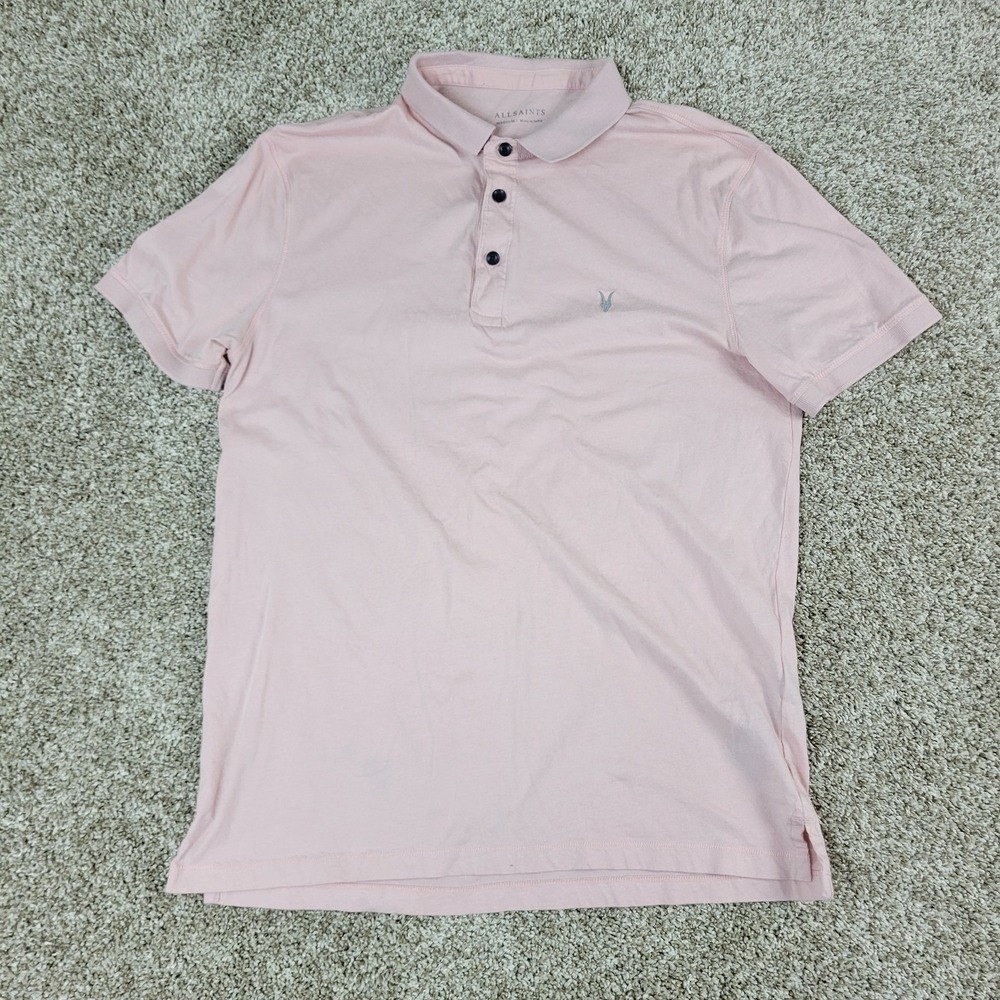 Allsaints Mens Medium Solid Pink Stretch Knit Polo Short Sleeve - Picture 2 of 6